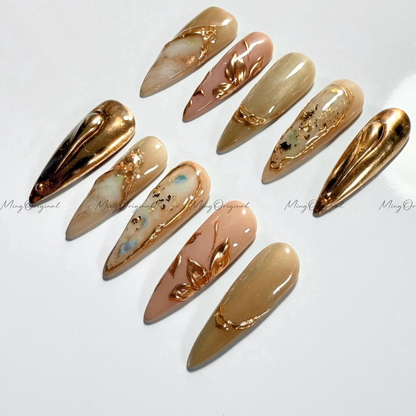 Gold Goddess press on nail, free style blooming art nail, hand paint gold flower, nude jelly fake nail, birthday gift for her,MO529