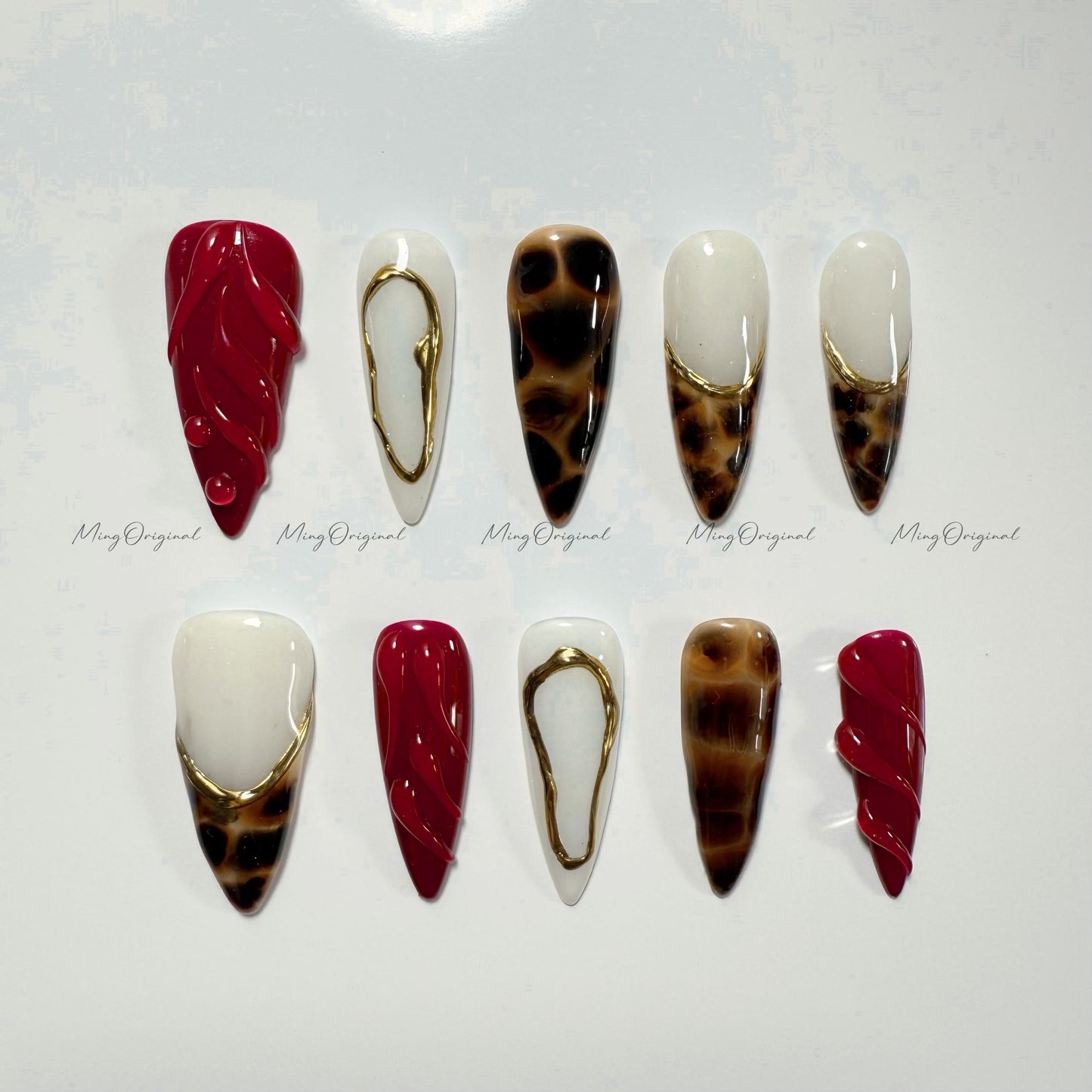 Tortoise Shell Press on Nail, Classic Amber water blooming nail, Wine Red 3D Swirls, Jelly hand painted nail, ,gift for her,MO530