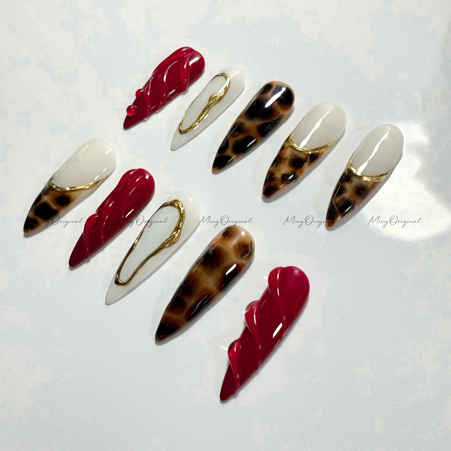 Tortoise Shell Press on Nail, Classic Amber water blooming nail, Wine Red 3D Swirls, Jelly hand painted nail, ,gift for her,MO530