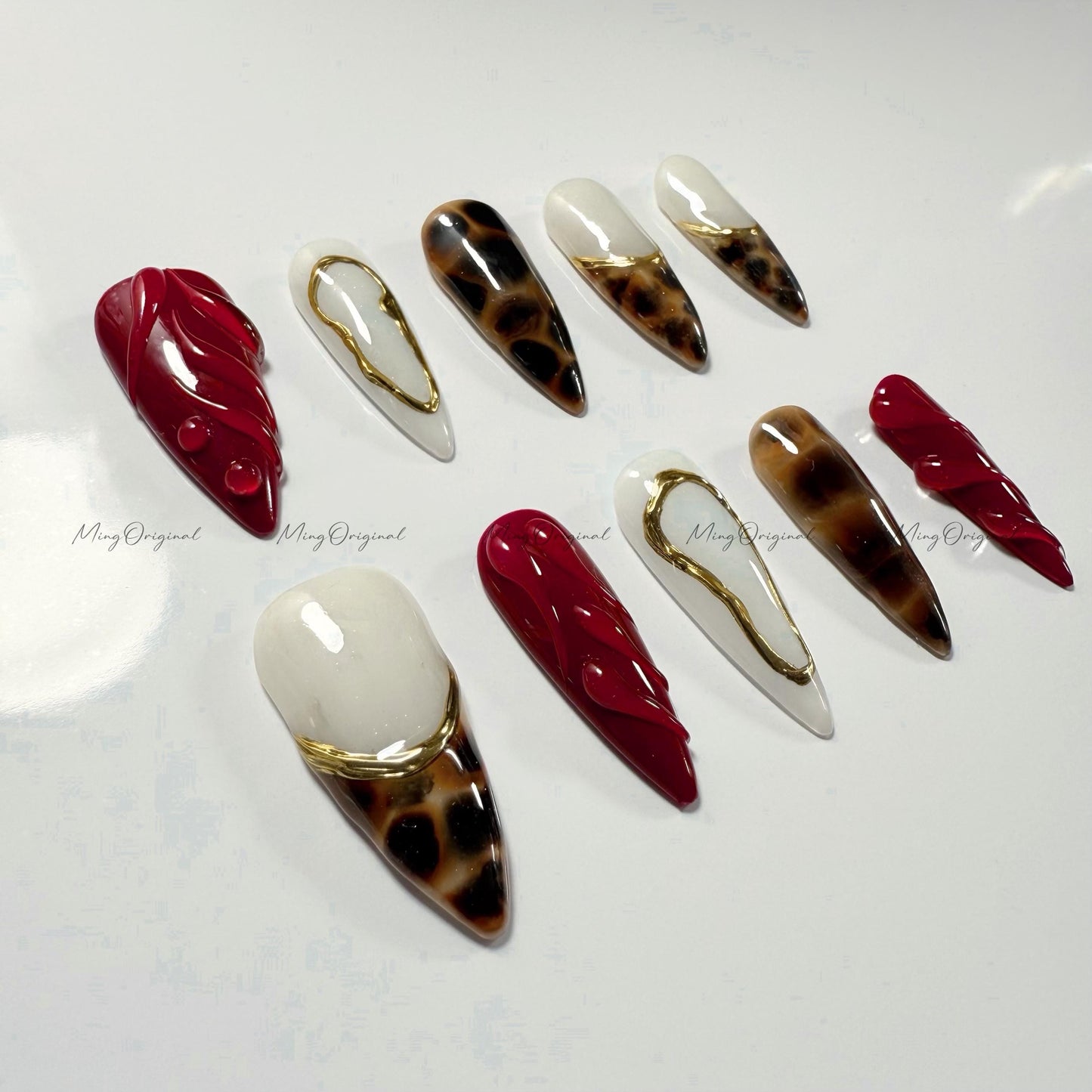 Tortoise Shell Press on Nail, Classic Amber water blooming nail, Wine Red 3D Swirls, Jelly hand painted nail, ,gift for her,MO530