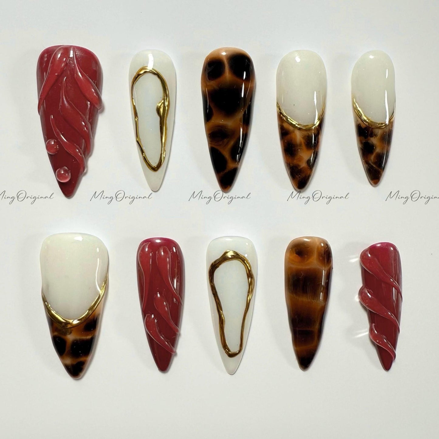 Tortoise Shell Press on Nail, Classic Amber water blooming nail, Wine Red 3D Swirls, Jelly hand painted nail, ,gift for her,MO530