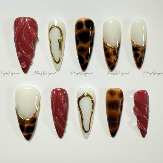 Tortoise Shell Press on Nail, Classic Amber water blooming nail, Wine Red 3D Swirls, Jelly hand painted nail, ,gift for her,MO530