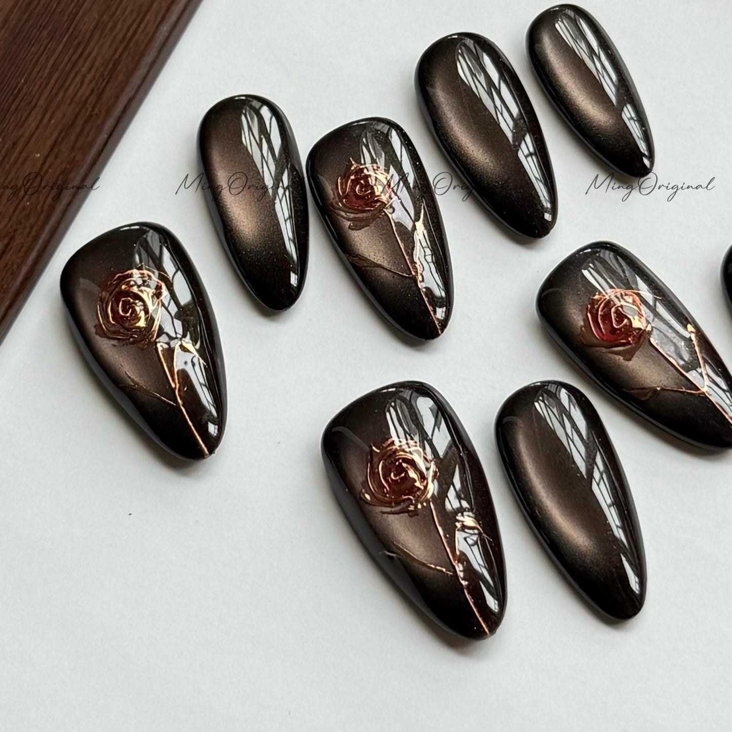 Gold rose embedded press on nails, black cat eye red rose gold chrome nails, elegant art nail, floral design, gift for mother, MO555