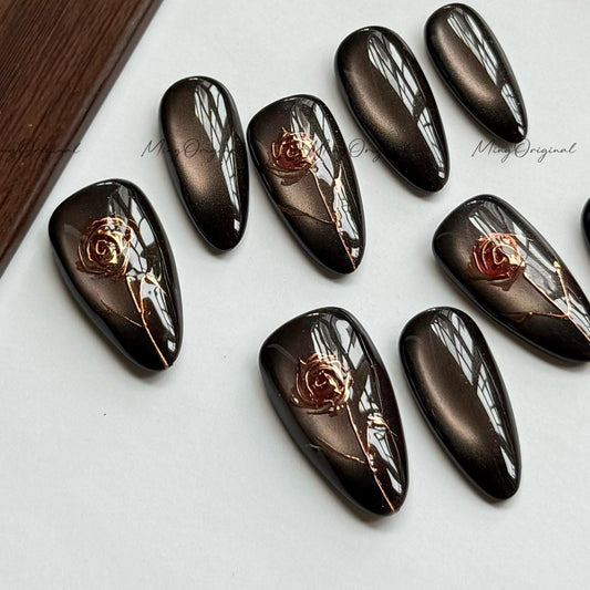 Gold rose embedded press on nails, black cat eye red rose gold chrome nails, elegant art nail, floral design, gift for mother, MO555