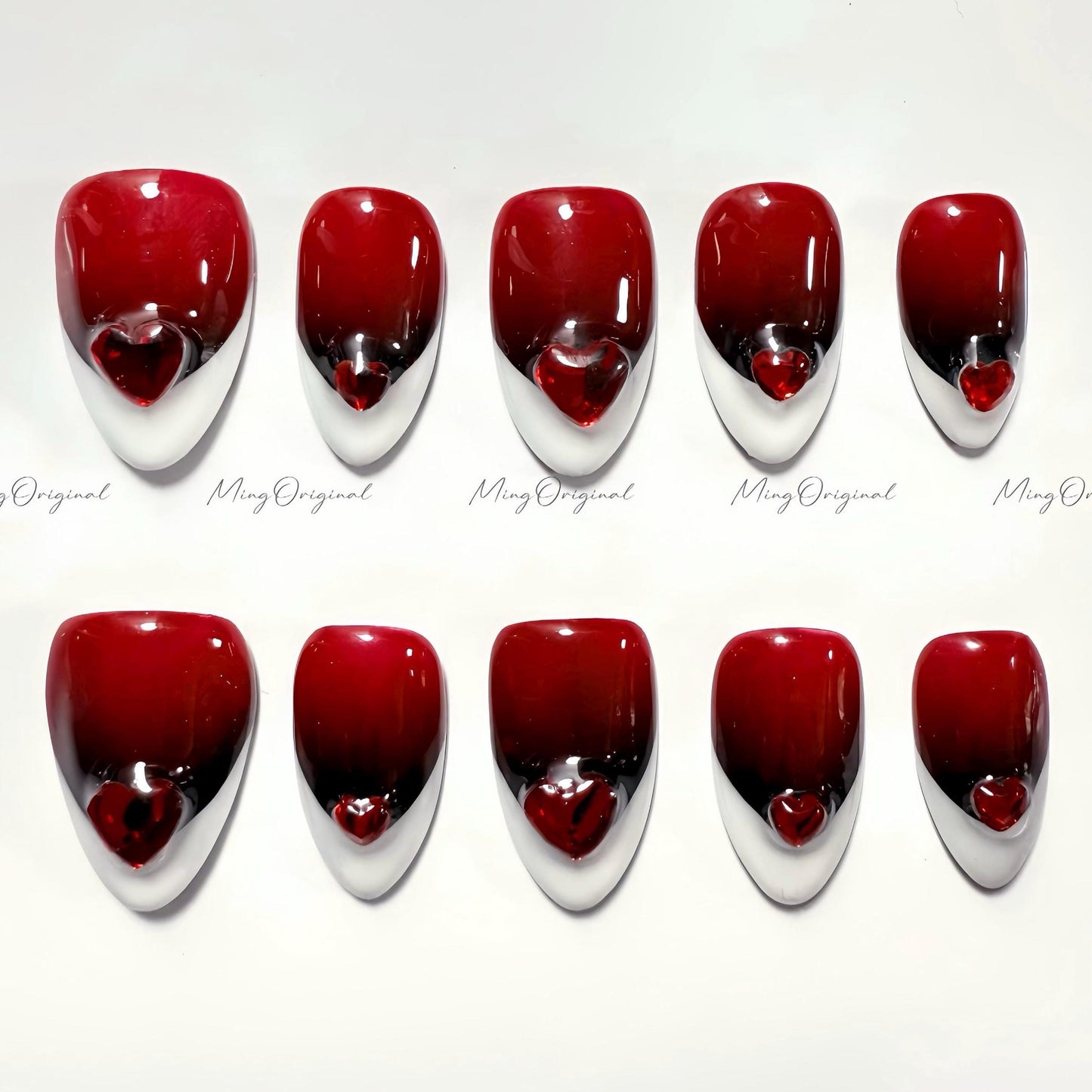 French tip press on nail, wine red 3d heart nail, abstract French nail, medium almond, classy French design, gift for her, MO532