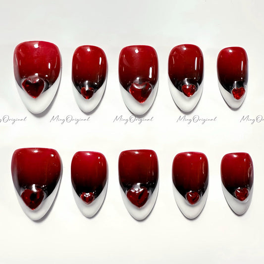 French tip press on nail, wine red 3d heart nail, abstract French nail, medium almond, classy French design, gift for her, MO532