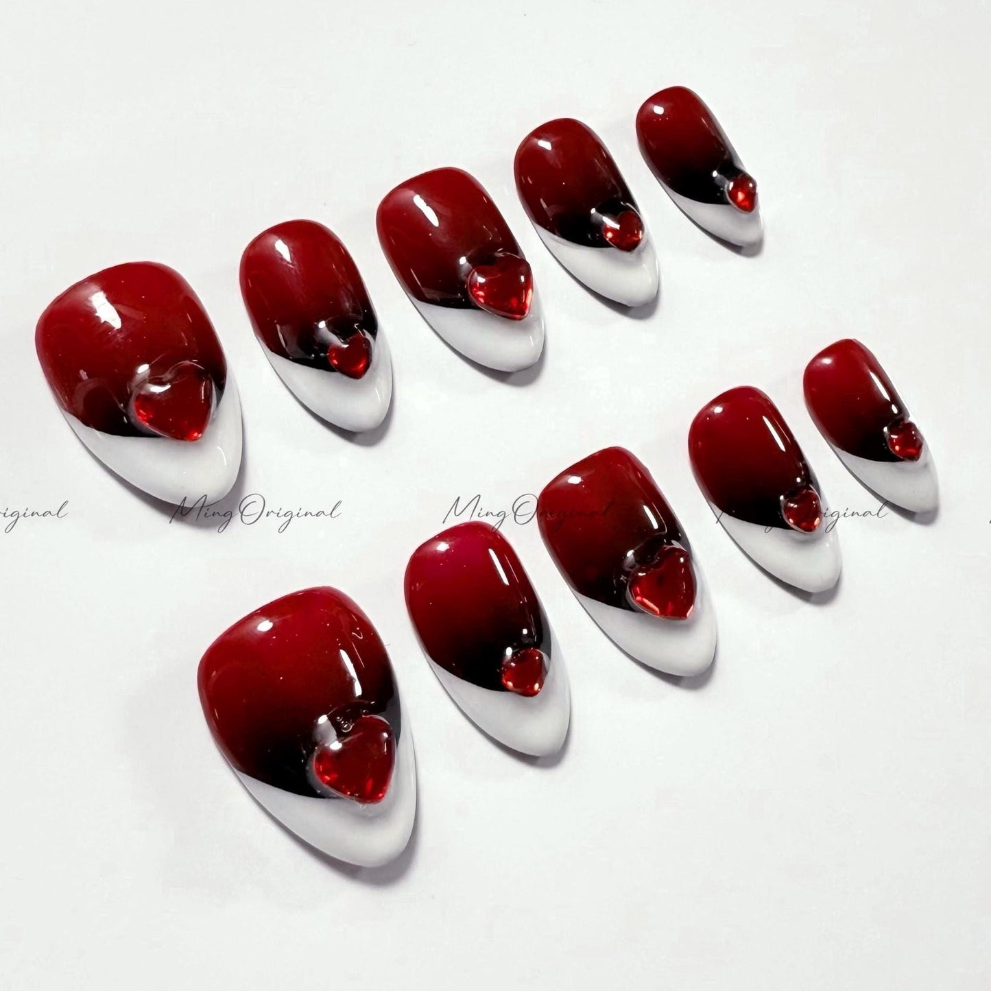 French tip press on nail, wine red 3d heart nail, abstract French nail, medium almond, classy French design, gift for her, MO532