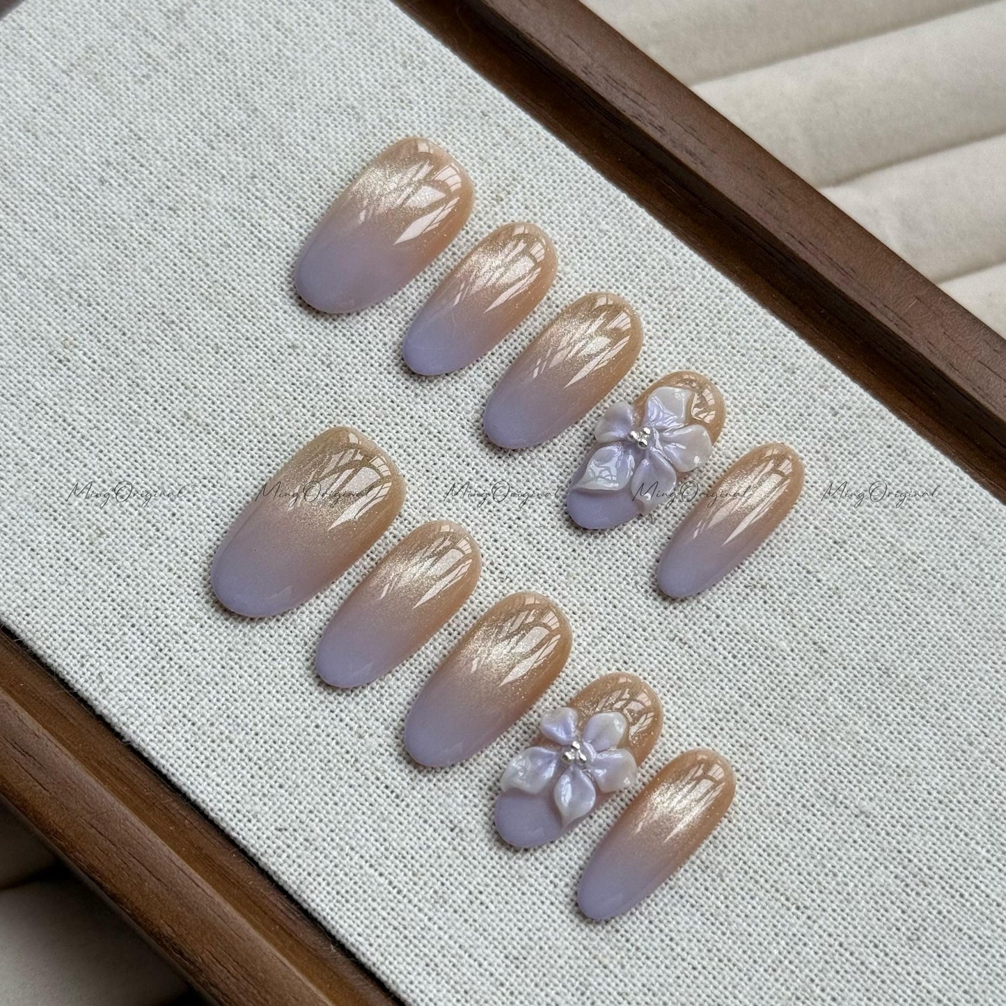 Purple Summer Flower 3D Nude Cat Eye press on nails, Fairycore Floral Nail, purple ombre airbrush tip,glittery shimmering,gift for her,MO535