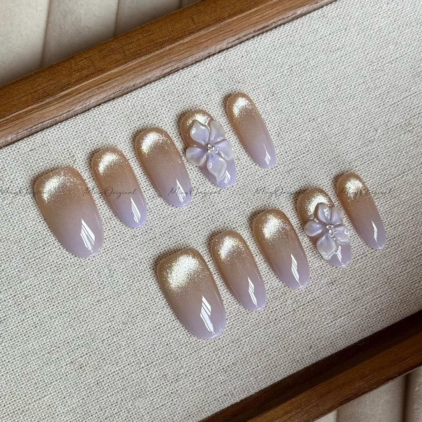 Purple Summer Flower 3D Nude Cat Eye press on nails, Fairycore Floral Nail, purple ombre airbrush tip,glittery shimmering,gift for her,MO535