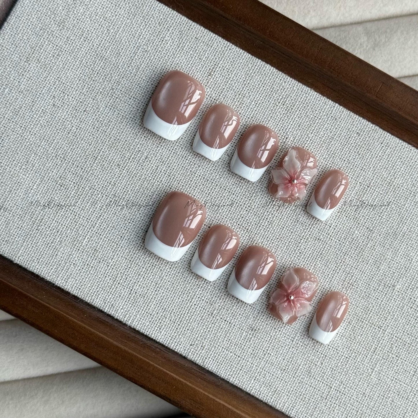 White French tip nude cateye press on nails, 3d double layered jelly flower Nails, classy nail design, birthday holiday gift for her MO536