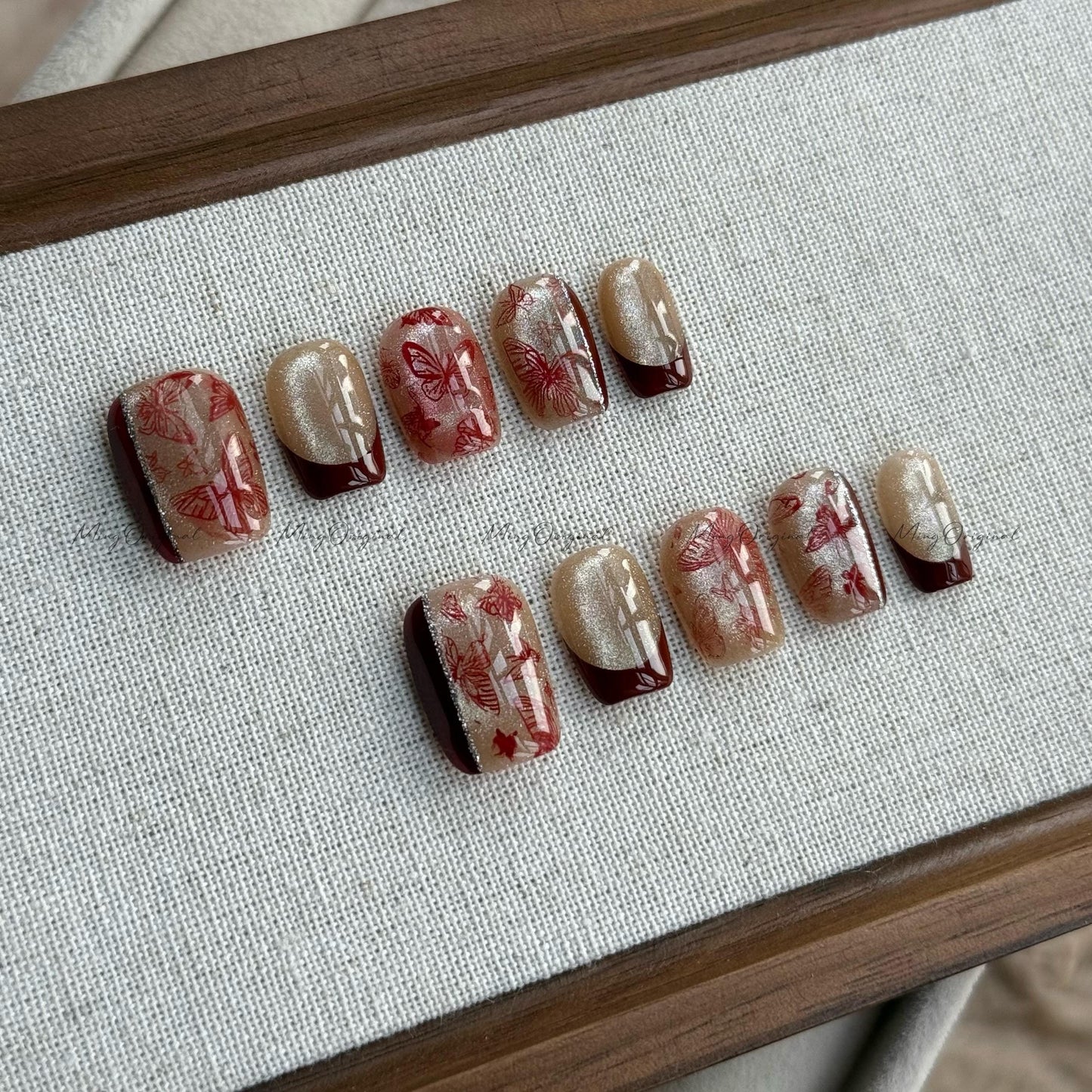 Free style Red butterfly Press on Nails, champagne cat eye nail, French tip, abstract detailed Jelly Nails, glue on nail, gift for her MO537
