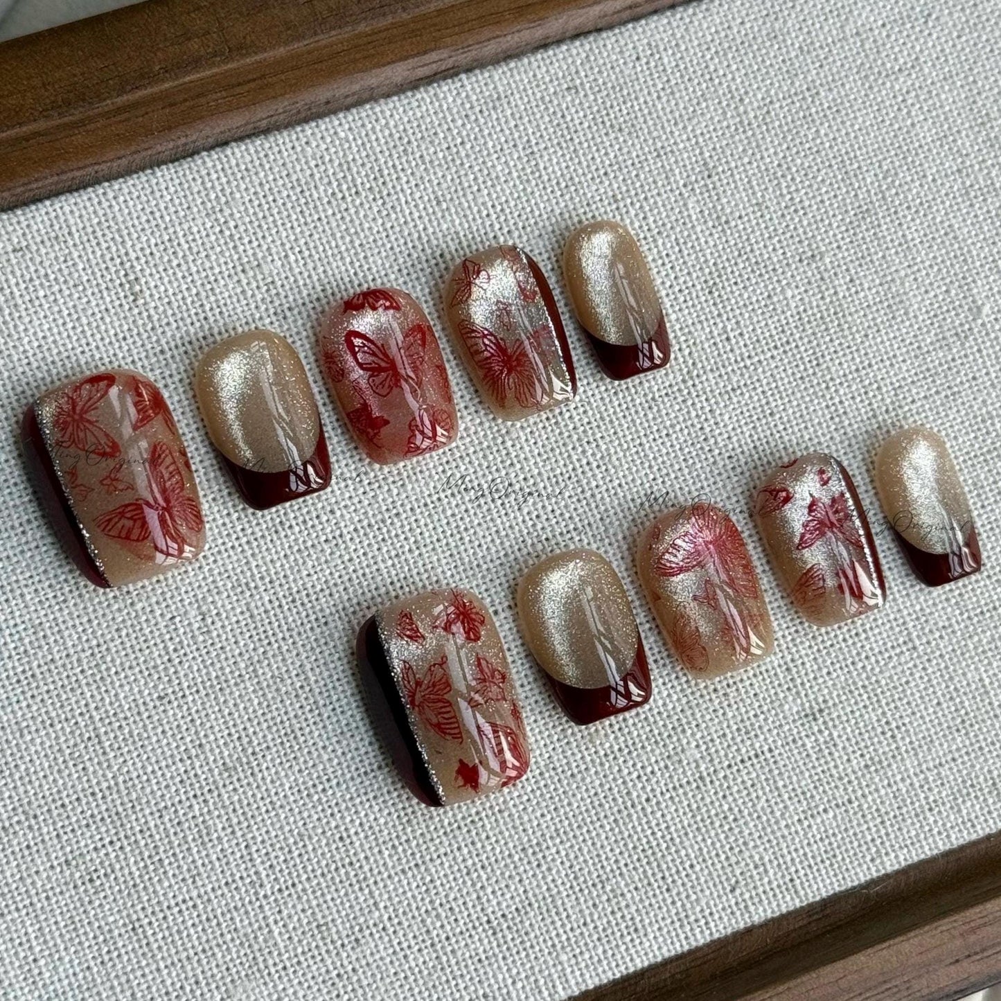 Free style Red butterfly Press on Nails, champagne cat eye nail, French tip, abstract detailed Jelly Nails, glue on nail, gift for her MO537