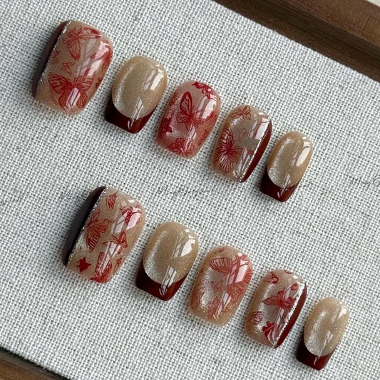 Free style Red butterfly Press on Nails, champagne cat eye nail, French tip, abstract detailed Jelly Nails, glue on nail, gift for her MO537