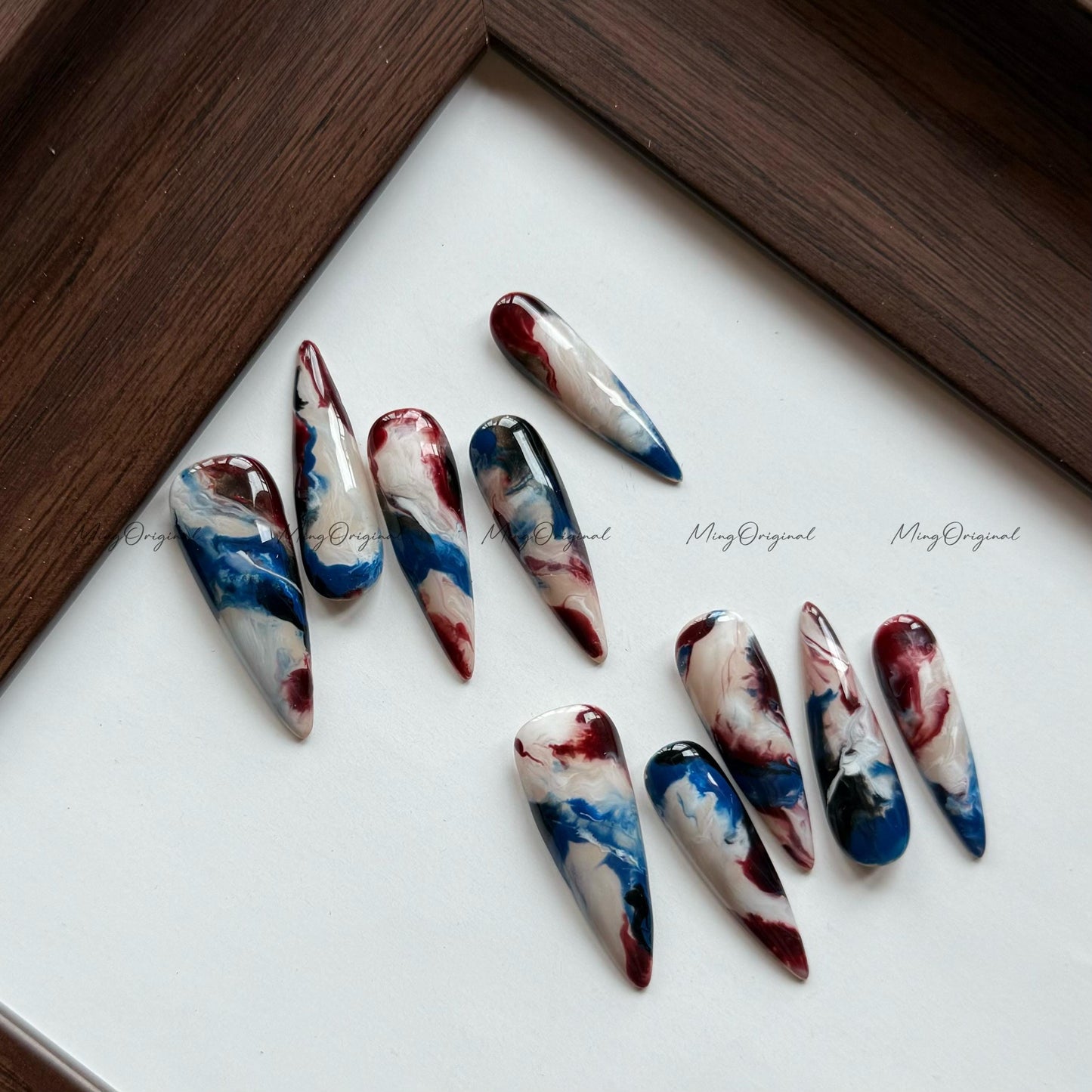 Ocean Marble | Abstract navy marble press-on nails, smoky clouded nail art, midnight vibe design, water blooming gift for her, MO543