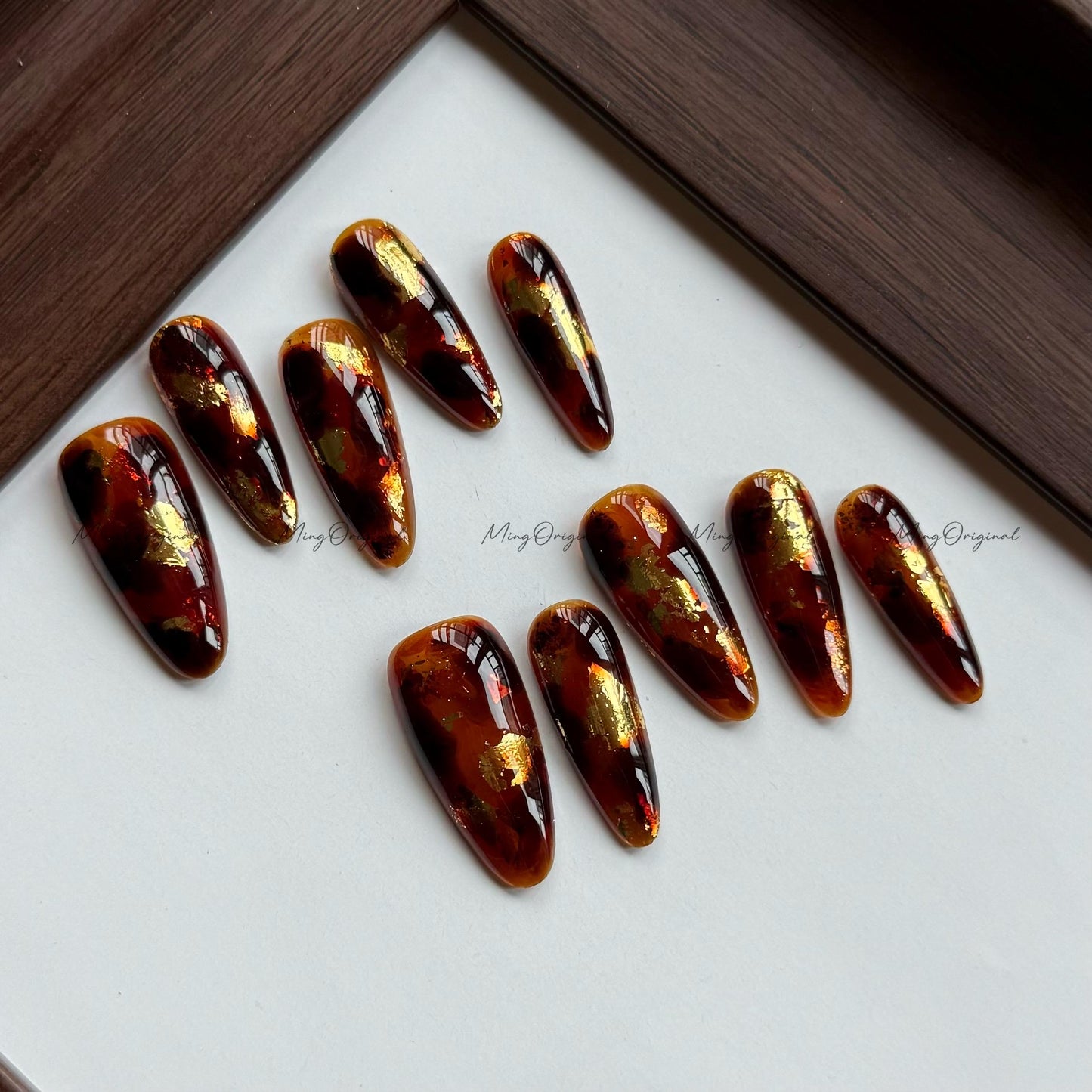 Gold Version Classic Tortoise Shell Amber water blooming Press on Nails, Jelly hand painted nail, fall winter nail,gift for her,MO563