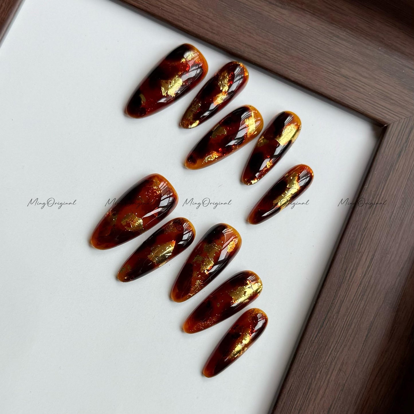 Gold Version Classic Tortoise Shell Amber water blooming Press on Nails, Jelly hand painted nail, fall winter nail,gift for her,MO563