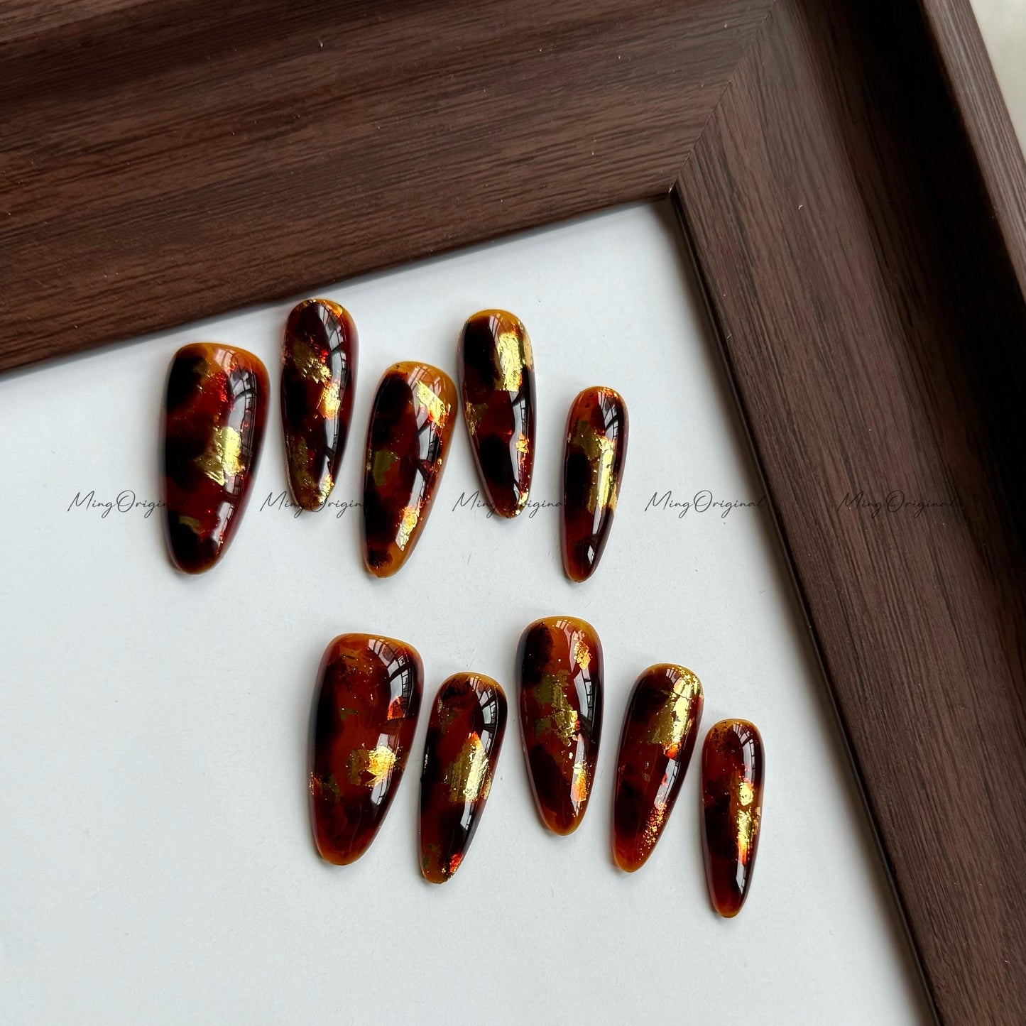 Gold Version Classic Tortoise Shell Amber water blooming Press on Nails, Jelly hand painted nail, fall winter nail,gift for her,MO563