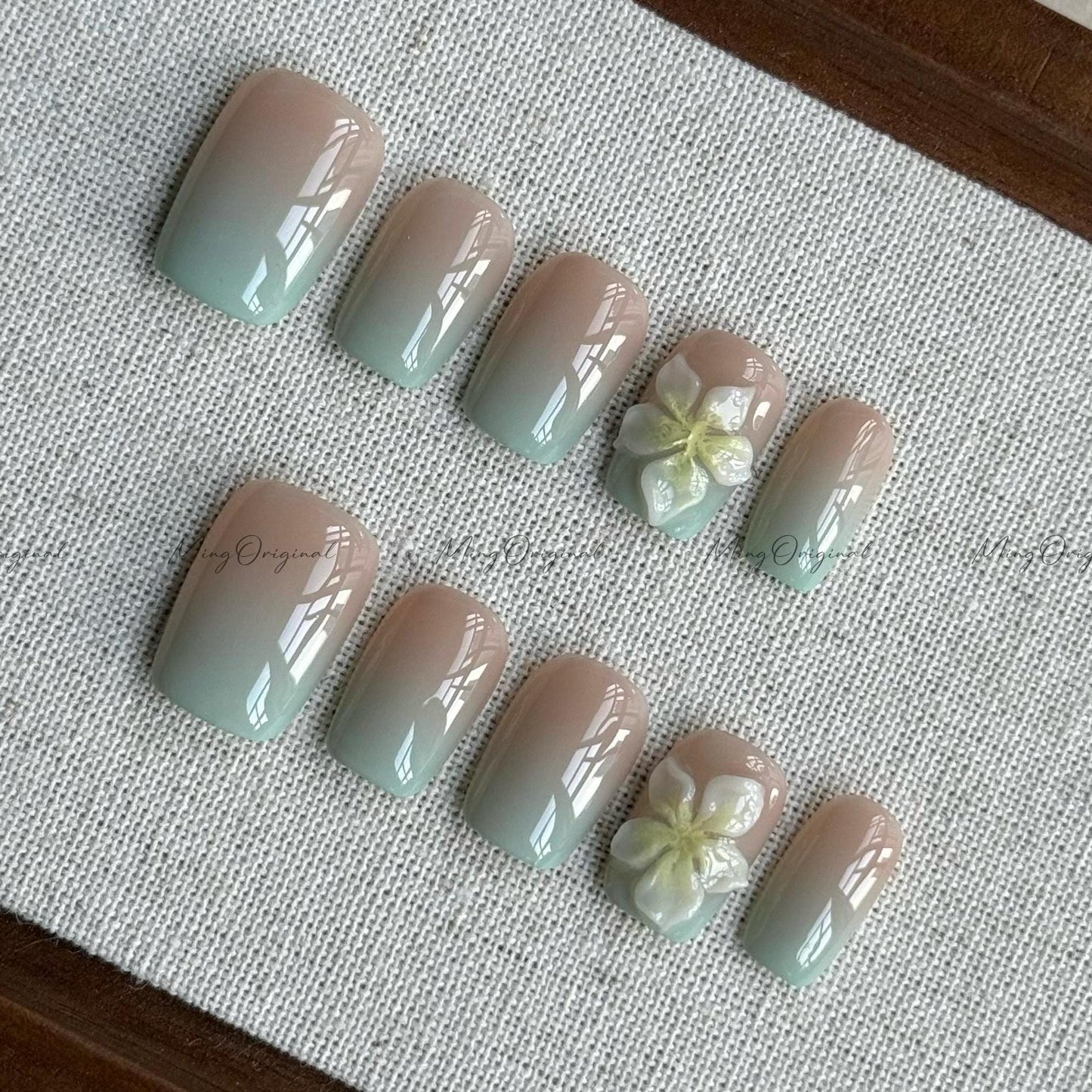 Mint Vibe summer Flower Press on Nails, Colorful ombre 3D nail, yellow flower, Spring Summer, vacation holiday gift for her MO538