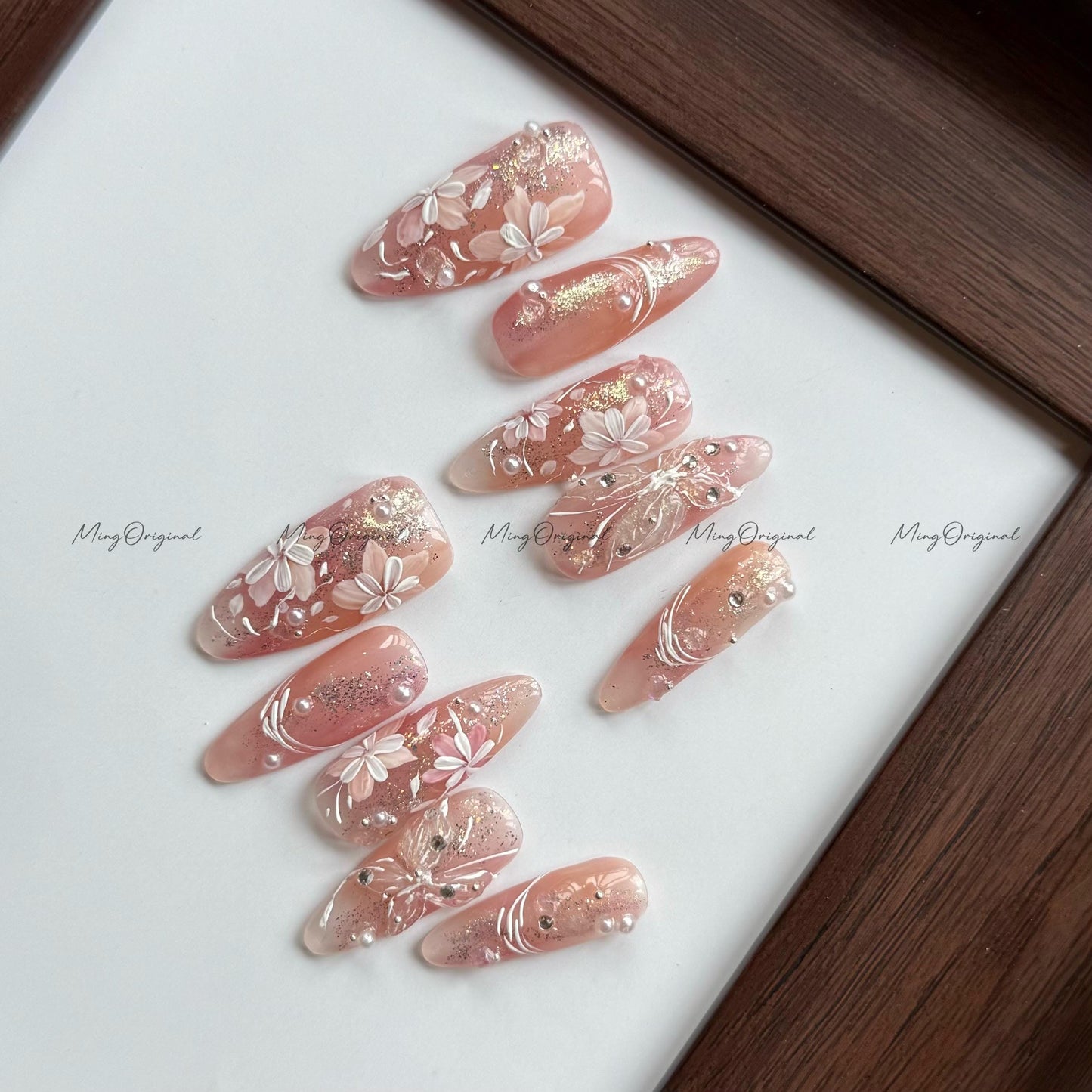 Soft Serenade | 3D butterfly nails, nude pink press on nails, gold foil shimmer, dainty flower nail design, elegant handmade nails, MO564