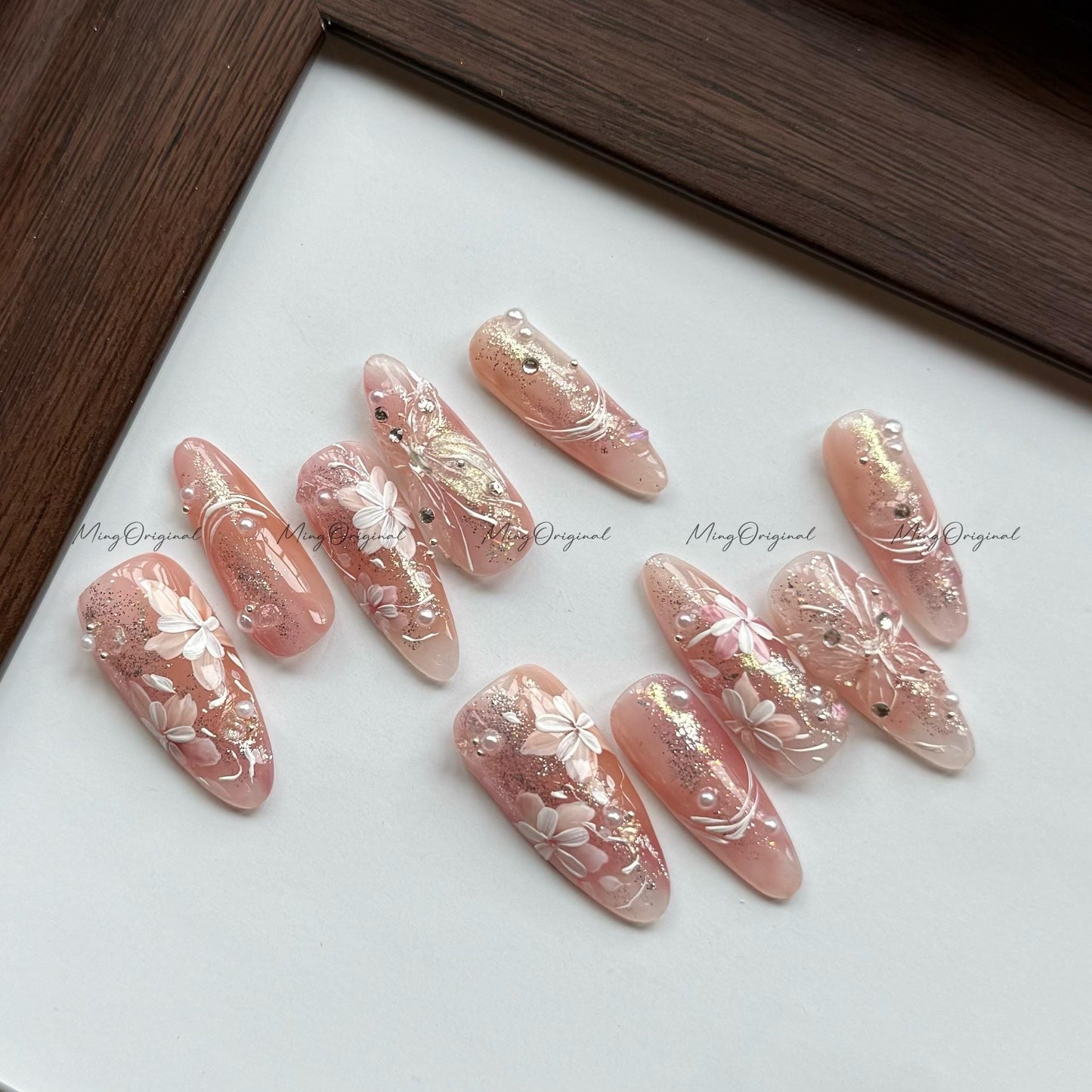 Soft Serenade | 3D butterfly nails, nude pink press on nails, gold foil shimmer, dainty flower nail design, elegant handmade nails, MO564