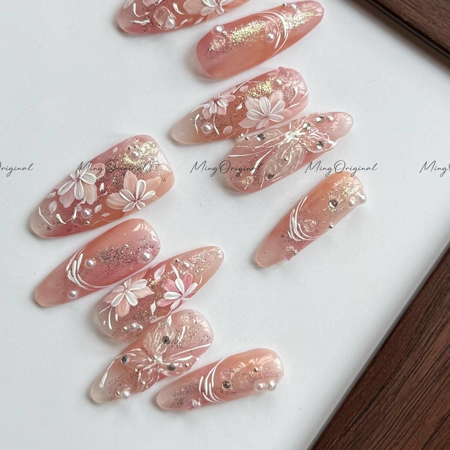 Soft Serenade | 3D butterfly nails, nude pink press on nails, gold foil shimmer, dainty flower nail design, elegant handmade nails, MO564