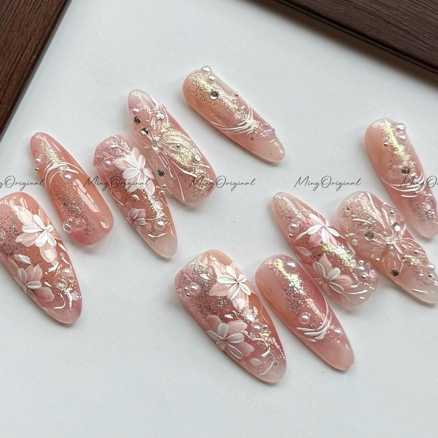 Soft Serenade | 3D butterfly nails, nude pink press on nails, gold foil shimmer, dainty flower nail design, elegant handmade nails, MO564