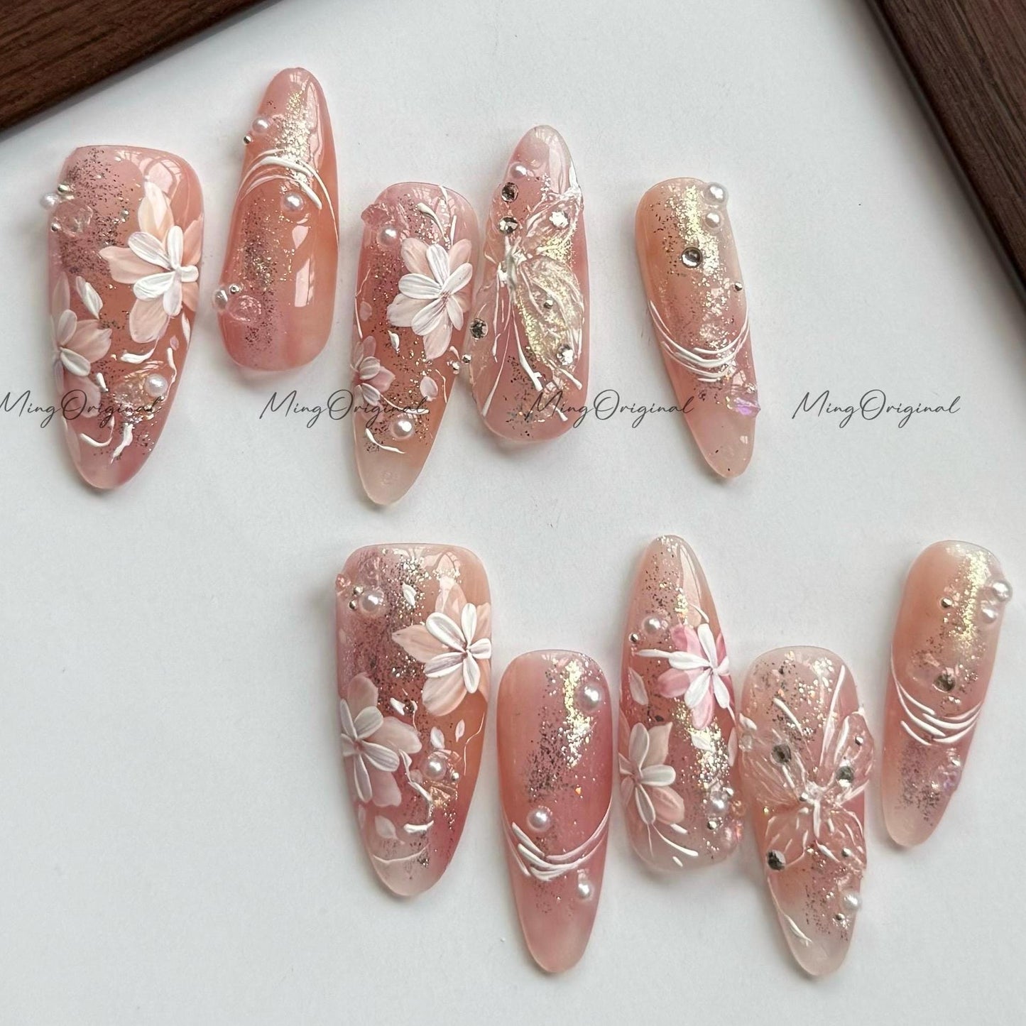 Soft Serenade | 3D butterfly nails, nude pink press on nails, gold foil shimmer, dainty flower nail design, elegant handmade nails, MO564