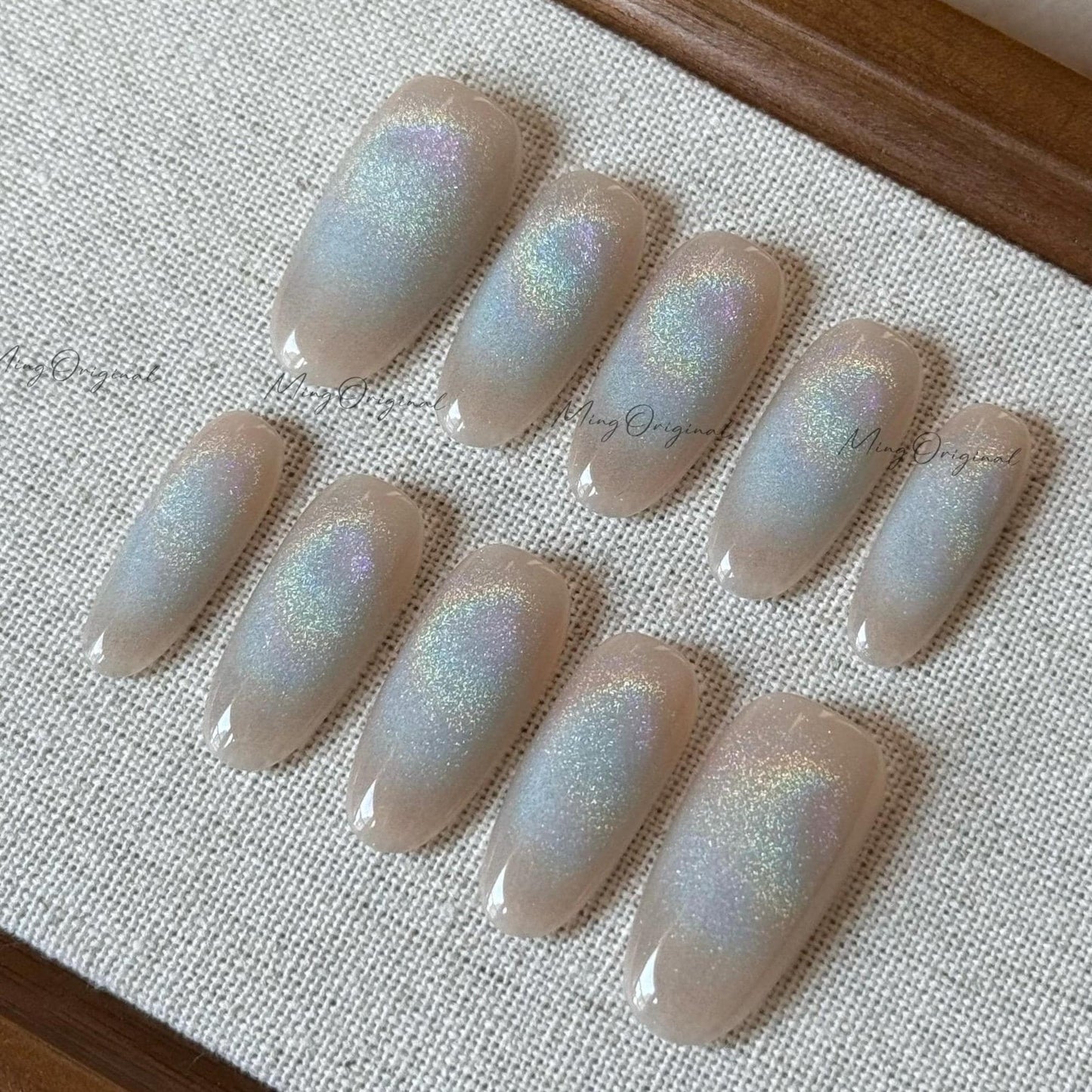 Universal Rainbow Cat Eye Nails Holographic Magnetic Cotton Candy press on nails, reuse nude jelly fake nail, sparkly gift for her, MO539