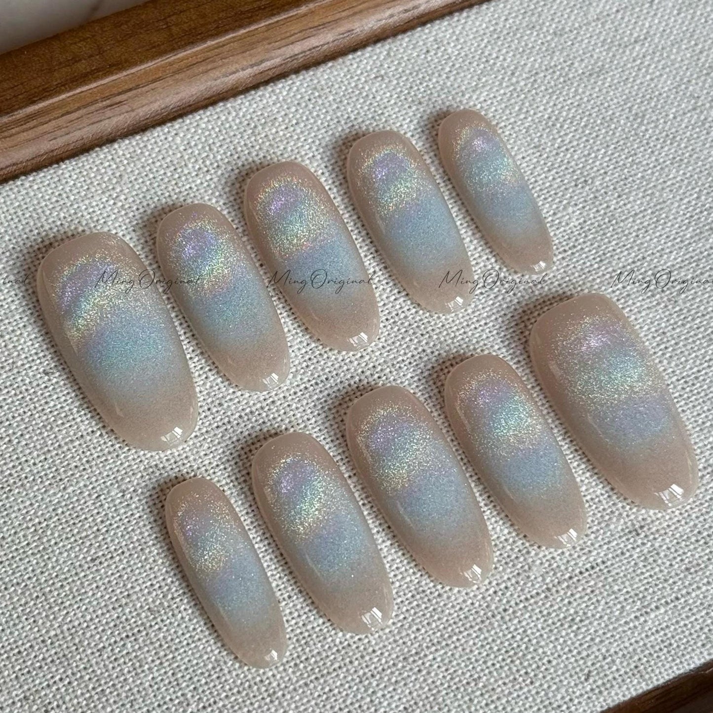 Universal Rainbow Cat Eye Nails Holographic Magnetic Cotton Candy press on nails, reuse nude jelly fake nail, sparkly gift for her, MO539