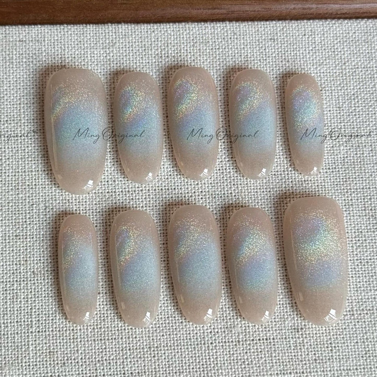 Universal Rainbow Cat Eye Nails Holographic Magnetic Cotton Candy press on nails, reuse nude jelly fake nail, sparkly gift for her, MO539