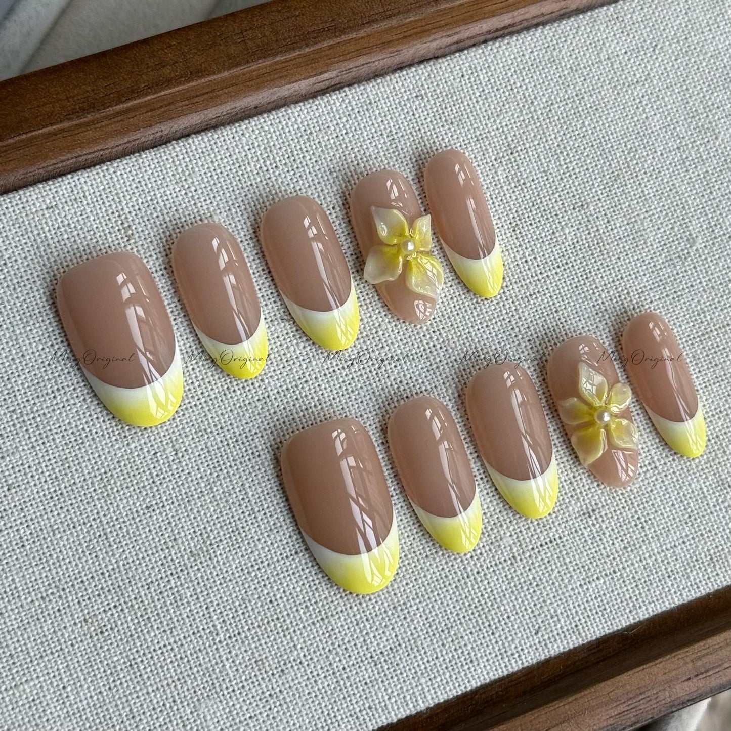 Summer Yellow Flower Press On Nails, Yellow 3D Floral Soft Nude French Tip Nail, Handmade Blue Ocean Beach-Inspired, gift for her, MO540