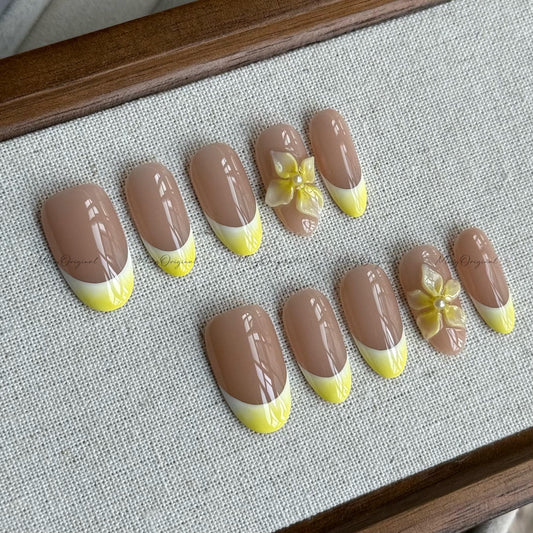 Summer Yellow Flower Press On Nails, Yellow 3D Floral Soft Nude French Tip Nail, Handmade Blue Ocean Beach-Inspired, gift for her, MO540