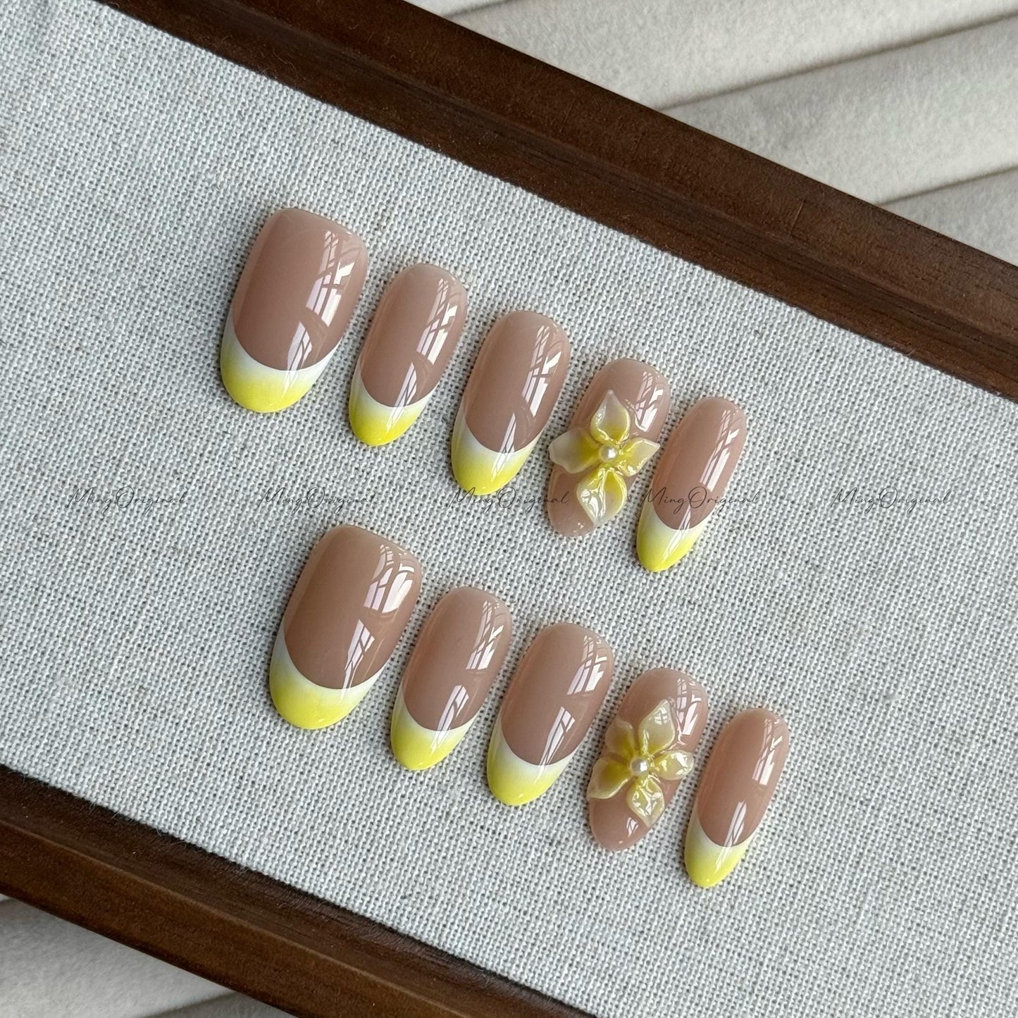 Summer Yellow Flower Press On Nails, Yellow 3D Floral Soft Nude French Tip Nail, Handmade Blue Ocean Beach-Inspired, gift for her, MO540