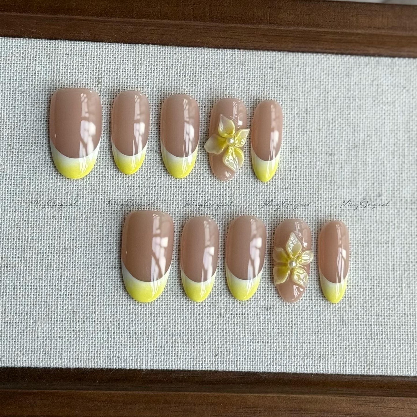 Summer Yellow Flower Press On Nails, Yellow 3D Floral Soft Nude French Tip Nail, Handmade Blue Ocean Beach-Inspired, gift for her, MO540