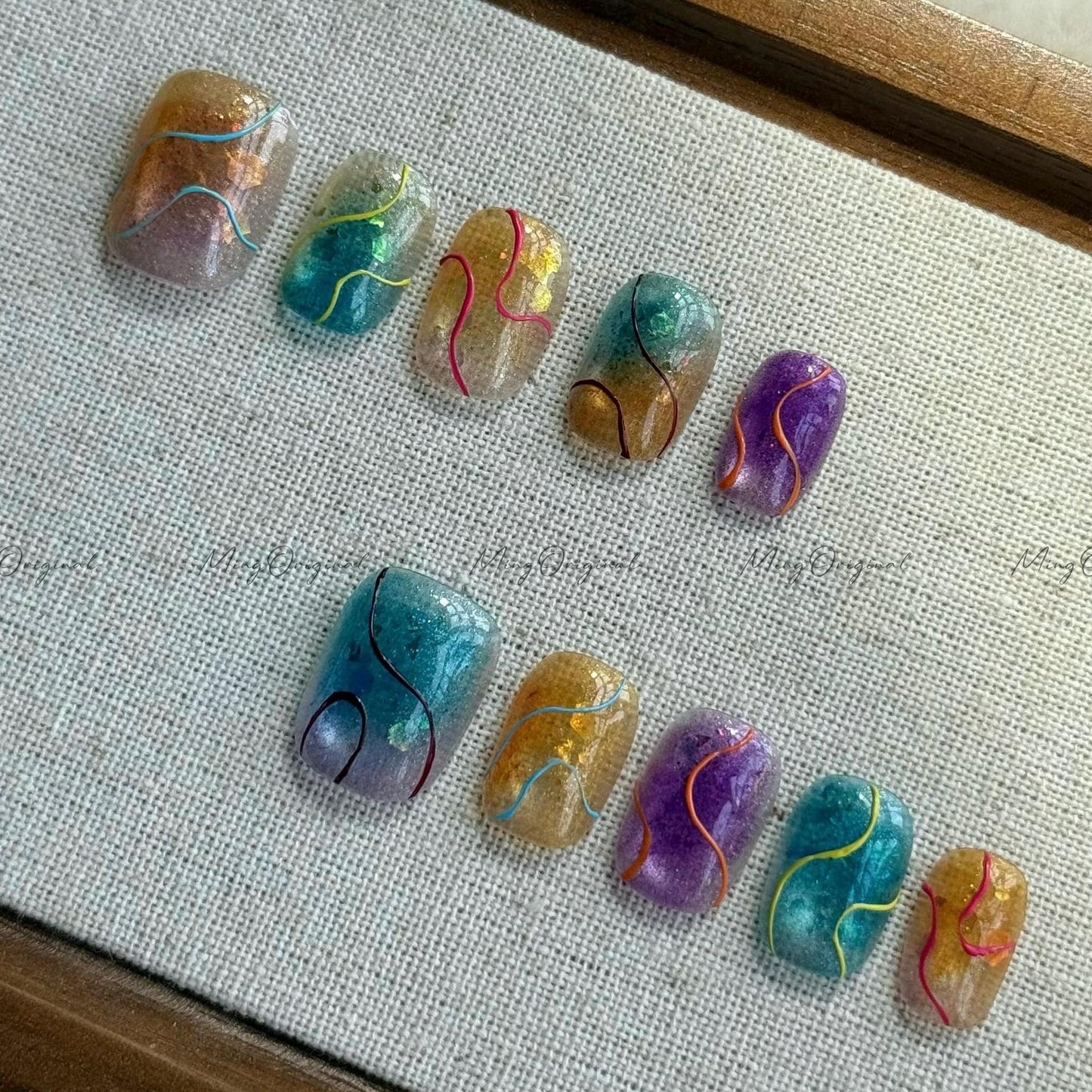 Rainbow Drizzle Press on Nail, Summer Colorful Cat Eye Cotton Candy press on nails, abstract swirl jelly fake nail, gift for her, MO541