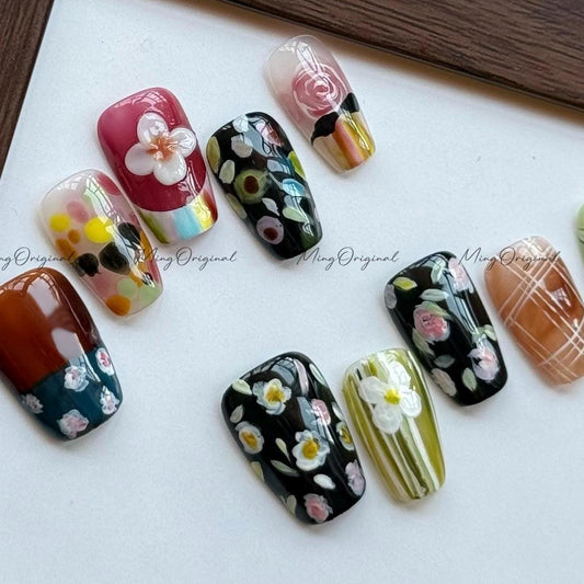 Floral Diary | 3D Hand Painted Press On Nails, Botanical Nail Art, Fairycore Spring Garden Florals, Cottagecore modern artistic design MO567