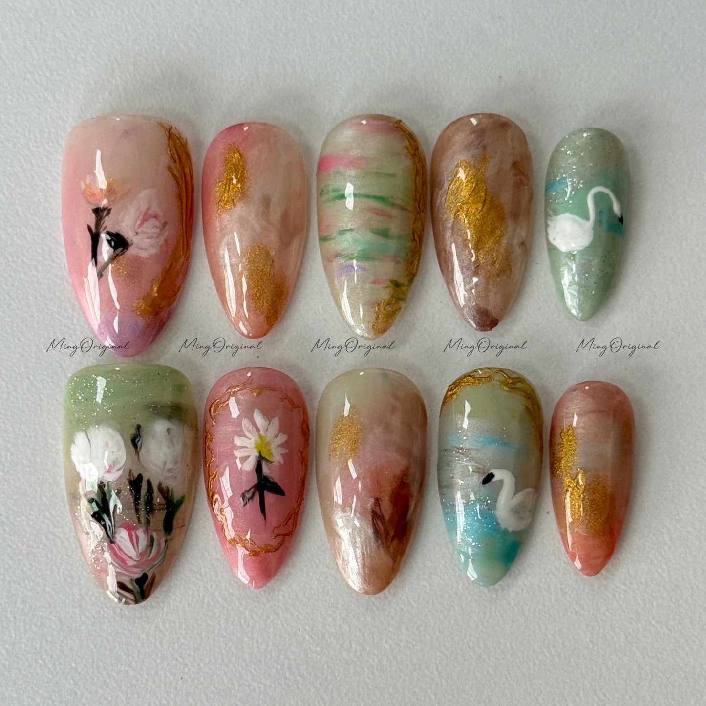 Oil Painting Floral Romantic Art Press On Nails, Hand-painted flower and goose nail art, vintage gold frame abstract design, MO501
