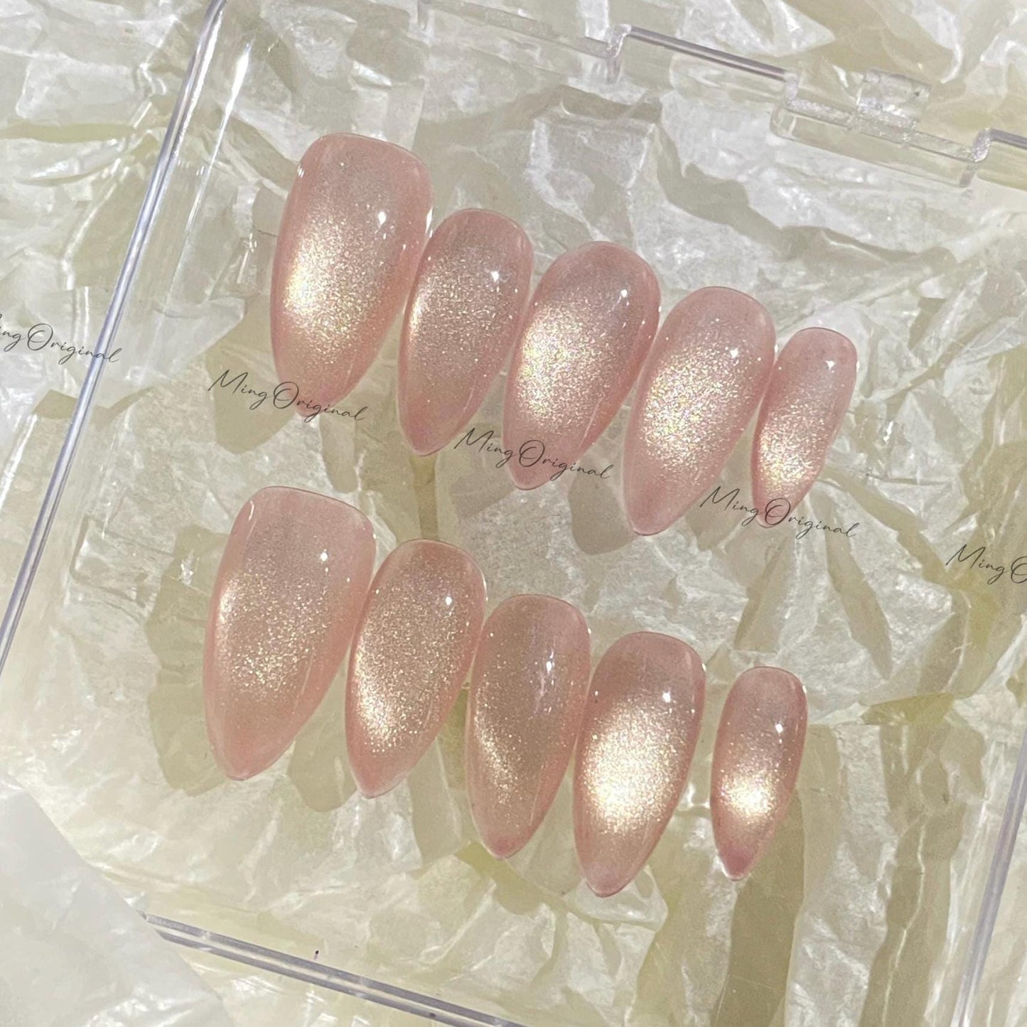 Simple natural look pink golden tone cat eye, magnetic cat eye press on nails, semitransparent reuse nails, glitter fake nail, MO542