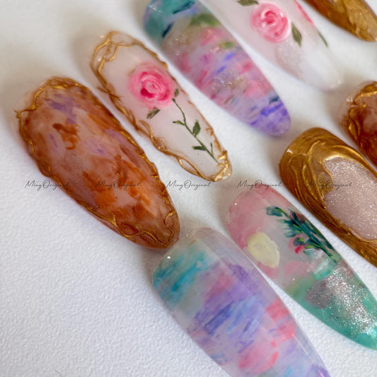 Oil Painting Floral Romantic Art Press On Nails, Hand-painted rose nail art, vintage gold frame nails, abstract watercolor design, MO489
