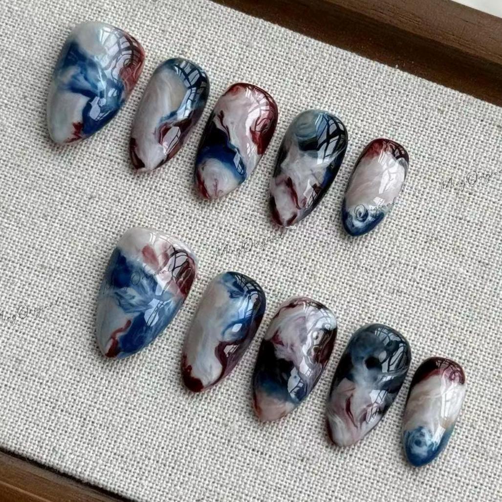 Ocean Marble | Abstract navy marble press-on nails, smoky clouded nail art, midnight vibe design, water blooming gift for her, MO543