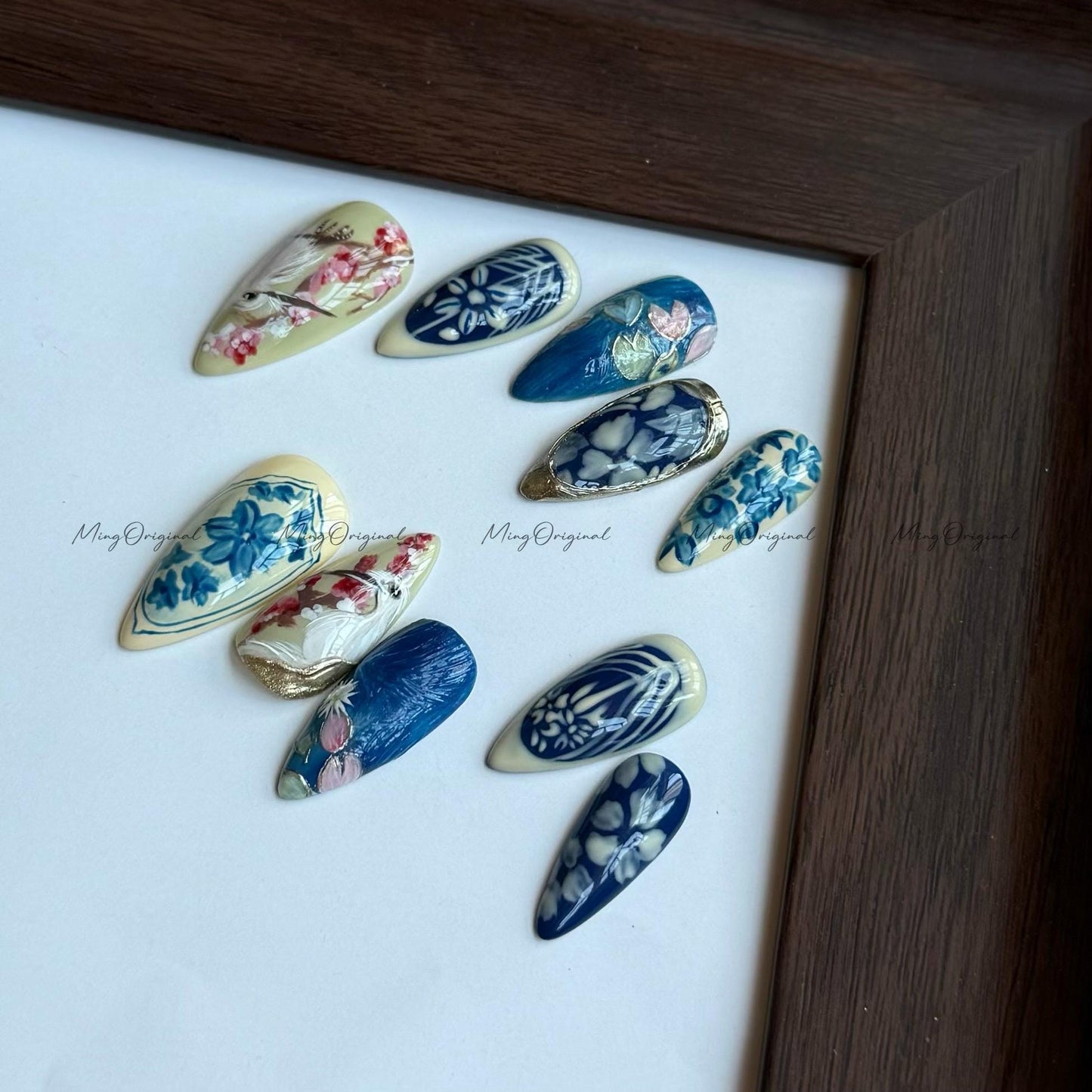 Porcelain Garden | Blue and White Furry Bird & Floral Press On Nails, Hand Painted Nail Art, Ceramic Style, Elegant Botanical Nails,MO568