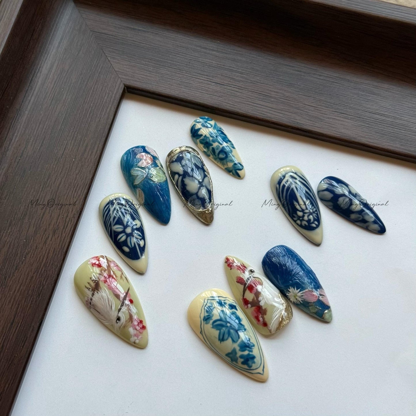 Porcelain Garden | Blue and White Furry Bird & Floral Press On Nails, Hand Painted Nail Art, Ceramic Style, Elegant Botanical Nails,MO568