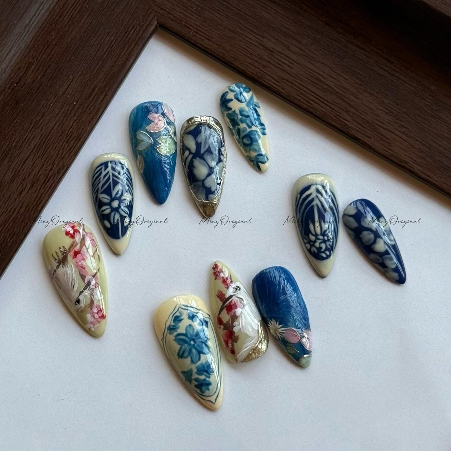 Porcelain Garden | Blue and White Furry Bird & Floral Press On Nails, Hand Painted Nail Art, Ceramic Style, Elegant Botanical Nails,MO568