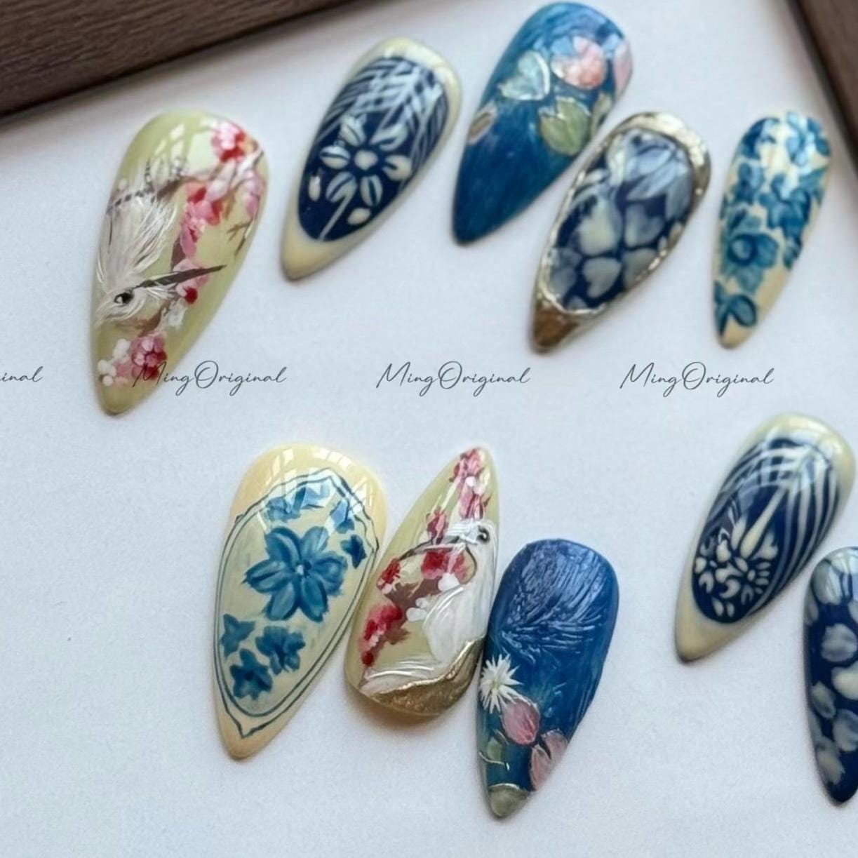 Porcelain Garden | Blue and White Furry Bird & Floral Press On Nails, Hand Painted Nail Art, Ceramic Style, Elegant Botanical Nails,MO568
