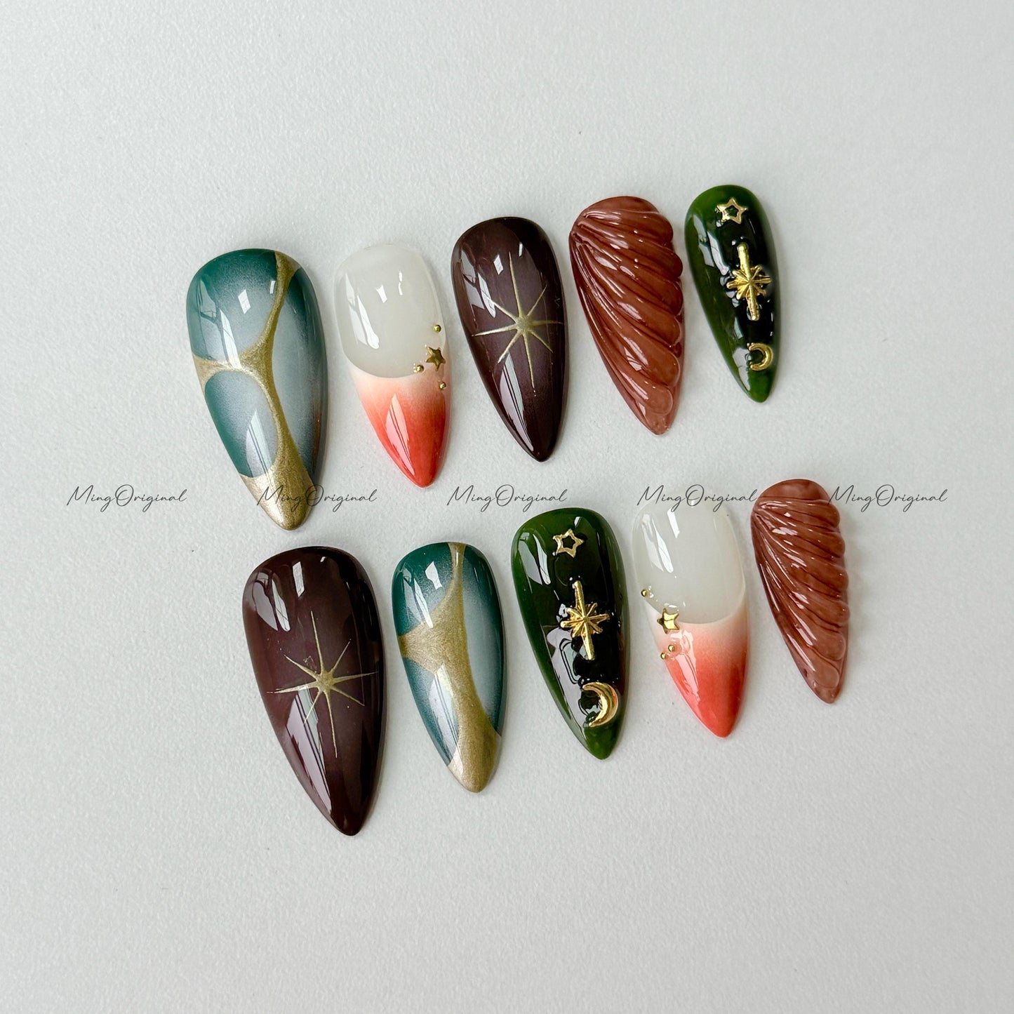 Free style ombre chrome Press on Nails, hand painted autumu handmade Nails with gold charm stars, vintage style
