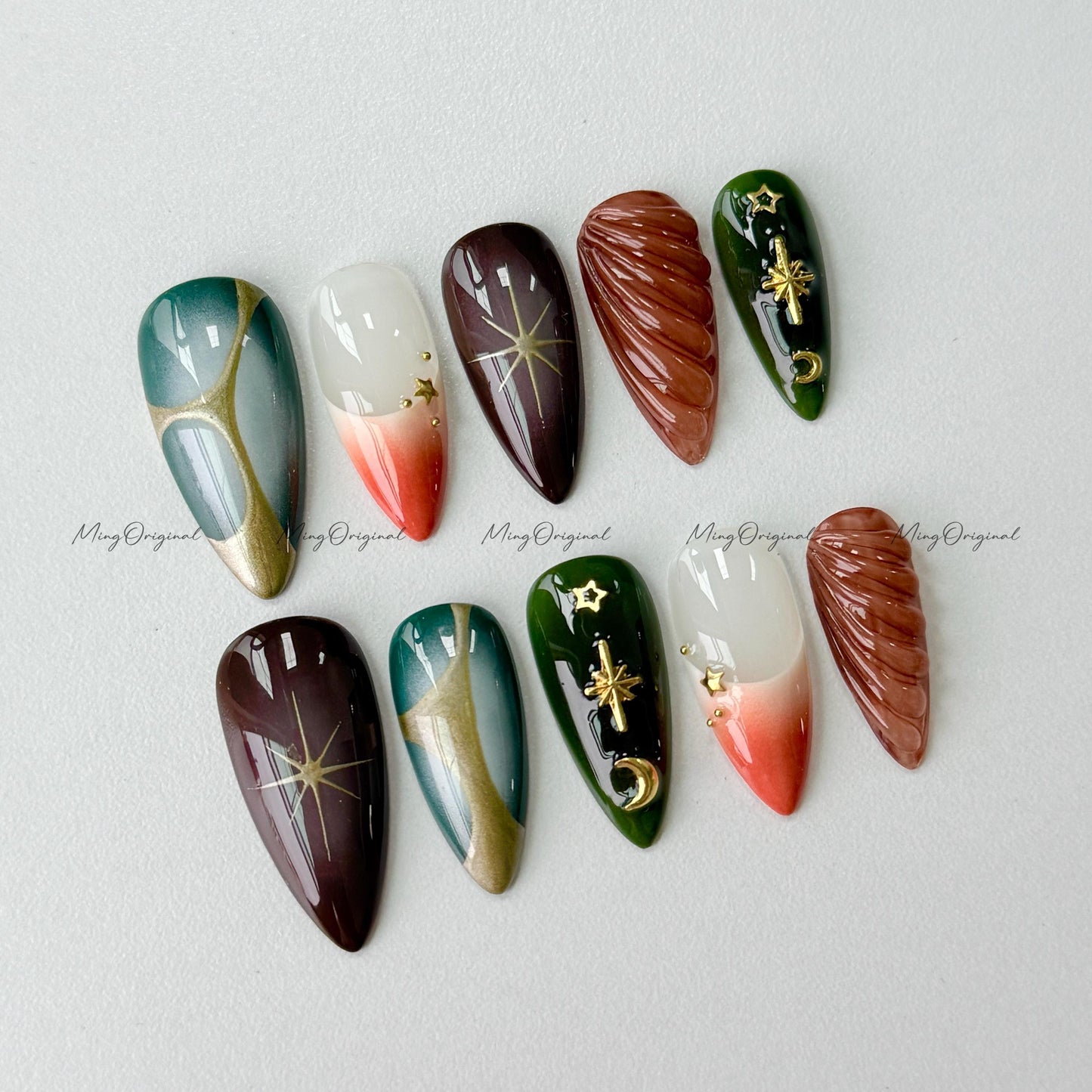 Free style ombre chrome Press on Nails, hand painted autumu handmade Nails with gold charm stars, vintage style