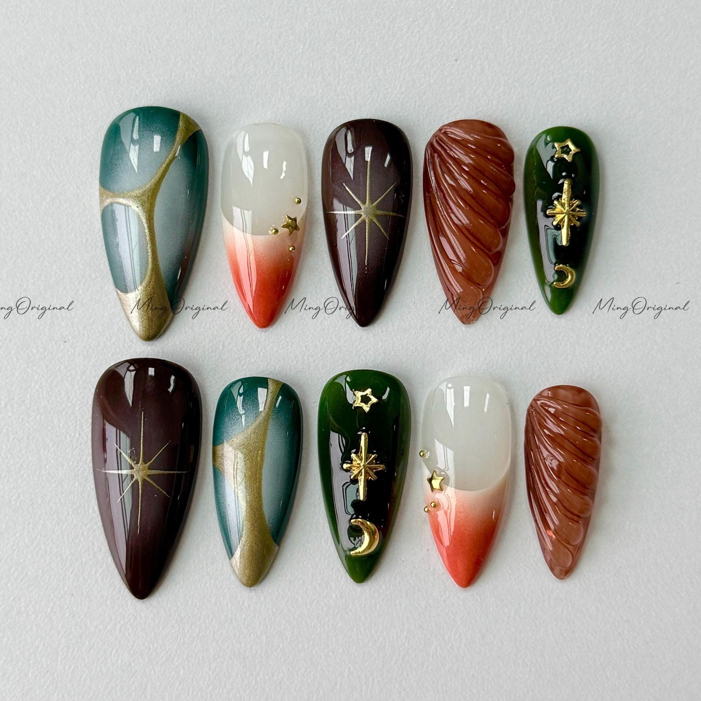 Free style ombre chrome Press on Nails, hand painted autumu handmade Nails with gold charm stars, vintage style