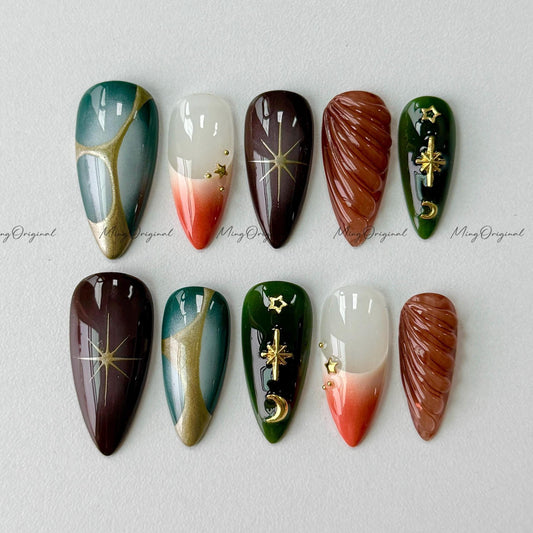 Free style ombre chrome Press on Nails, hand painted autumu handmade Nails with gold charm stars, vintage style