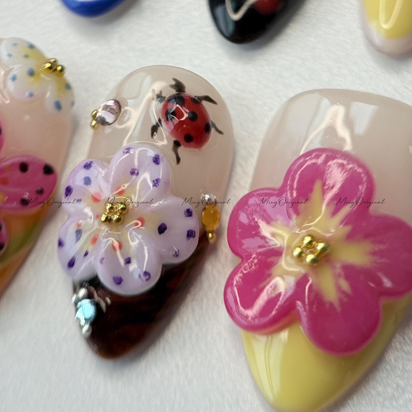 3D sculptured flower and butterfly Press on Nails, Free Style tropical Fairycore lotus Floral nail, ladybirds fake nail, gift for her, MO259