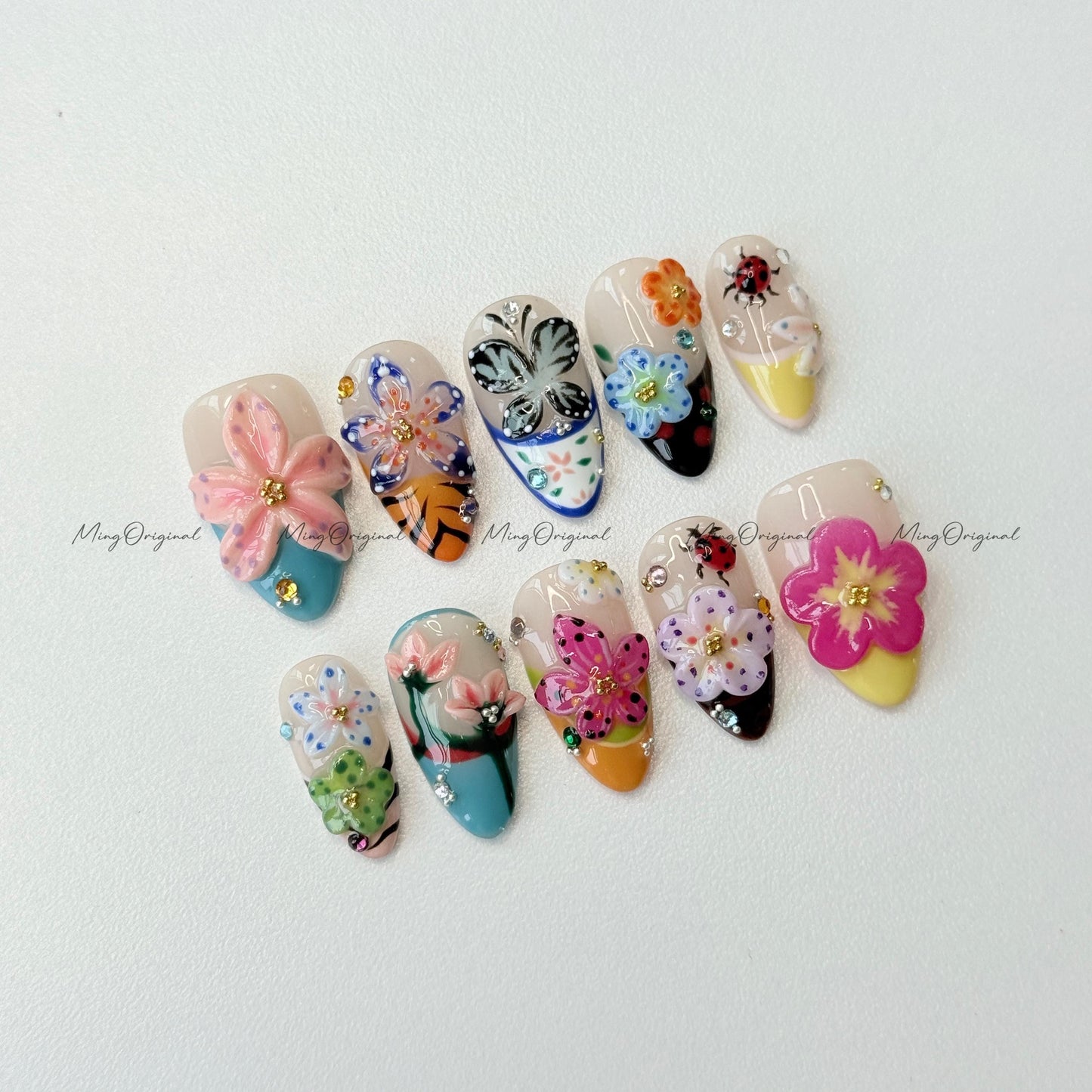 3D sculptured flower and butterfly Press on Nails, Free Style tropical Fairycore lotus Floral nail, ladybirds fake nail, gift for her, MO259